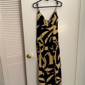 Spaghetti-Strap Maxi Dress in Black & Tan Abstract Print